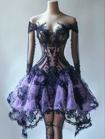 Unique A Line Long Sleeve Beaded Lilac Lace Tulle Short Homecoming Dress Evening Dress HZ1023